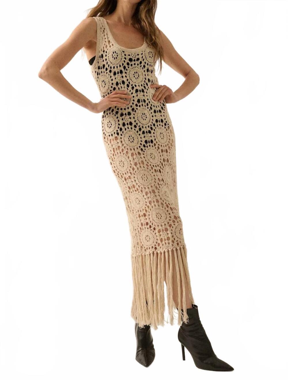 NEW PROMESA crochet knit fringe hem midi tank dress in natural